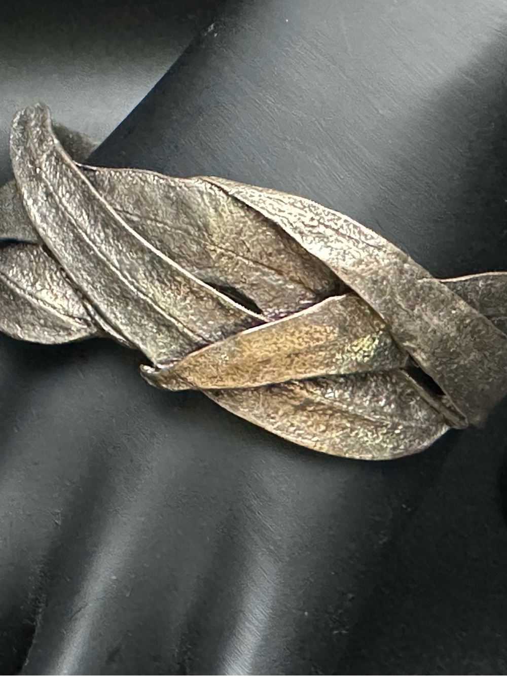 Oxidized Sterling Silver (925) Overlapping Leaf Motif Cuff Bracelet, Textured Ar